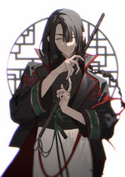 Rule 34 | 1boy, black coat, black hair, braid, chinese clothes, chinese commentary, closed eyes, coat, fate/grand order, fate (series), grey eyes, hanfu, high collar, highres, holding, holding weapon, holding whip, jacket, june-ray, long hair, long sleeves, male focus, simple background, smile, solo, tai gong wang (fate), upper body, weapon, whip, white background