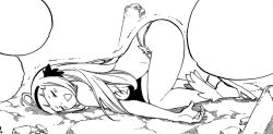 Rule 34 | 1girl, angel (fairy tail), bikini, blush, closed eyes, fairy tail, lying on ground, monochrome, solo, swimsuit, thighs, top-down bottom-up, trembling