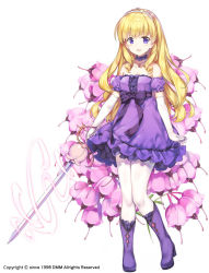 Rule 34 | 1girl, :d, bare shoulders, blonde hair, blush, boots, bow, choker, collarbone, commentary request, detached sleeves, dress, elbow gloves, flower, flower knight girl, frilled dress, frills, full body, gloves, high heel boots, high heels, holding, holding sword, holding weapon, janome erika (flower knight girl), jewelry, knee boots, long hair, looking at viewer, name connection, necklace, object namesake, official art, open mouth, pantyhose, pink flower, puffy short sleeves, puffy sleeves, purple bow, purple dress, purple eyes, purple footwear, purple neckwear, purple sleeves, rapier, rei (rei&#039;s room), short sleeves, simple background, smile, solo, standing, standing on one leg, strapless, strapless dress, striped, striped bow, sword, tiara, very long hair, waist bow, weapon, white background, white gloves, white pantyhose