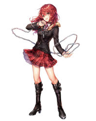 Rule 34 | 1girl, bad id, bad pixiv id, black footwear, boots, chain, full body, knee boots, long hair, looking at viewer, necktie, open mouth, original, plaid, plaid skirt, red eyes, red hair, skirt, solo, yuli (yulipo)