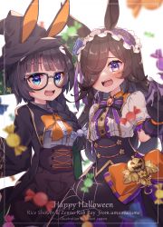 Rule 34 | 2girls, absurdres, artist name, blue eyes, blurry, blurry foreground, blush, border, bow, braid, candy, center frills, character name, commentary request, english text, fangs, food, frilled hairband, frills, glasses, gloves, hair over one eye, hairband, happy halloween, hat, highres, kotori inaka, large bow, long sleeves, looking at viewer, multiple girls, official alternate costume, open mouth, outside border, puffy short sleeves, puffy sleeves, purple eyes, purple gloves, purple skirt, rice shower (make up vampire!) (umamusume), rice shower (umamusume), robe, shirt, short sleeves, side braid, skirt, teeth, umamusume, upper teeth only, white shirt, witch hat, zenno rob roy (magically gifted hero) (umamusume), zenno rob roy (umamusume)