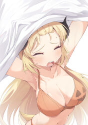 Rule 34 | 1girl, absurdres, alternate costume, armpits, arms up, bikini, black horns, blonde hair, blush, breasts, cleavage, closed eyes, collarbone, commentary, eat some cookie, english commentary, halloween, highres, hololive, horns, large breasts, long hair, navel, open mouth, orange bikini, round teeth, sheep horns, solo, swimsuit, tail, teeth, tsunomaki watame, underwear, underwear only, upper teeth only, virtual youtuber