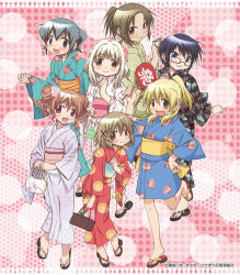 Rule 34 | 6+girls, :d, aoki ume, bag, clog sandals, double bun, feet, flower, hair bun, hair flower, hair ornament, half updo, hand fan, handbag, hidamari sketch, hiro (hidamari sketch), japanese clothes, kimono, landlady (hidamari sketch), miyako (hidamari sketch), multiple girls, nazuna (hidamari sketch), nori (hidamari sketch), obi, official art, open mouth, paper fan, ponytail, sae (hidamari sketch), sandals, sash, short kimono, short yukata, smile, standing, standing on one leg, summer, summer festival, twintails, uchiwa, yukata, yuno (hidamari sketch), zouri