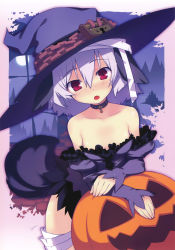 Rule 34 | 1girl, :o, absurdres, bandages, blush, collar, collarbone, dress, full moon, hat, highres, jack-o&#039;-lantern, looking at viewer, moon, original, pumpkin, red eyes, silver hair, solo, sumaki shungo, witch, witch hat
