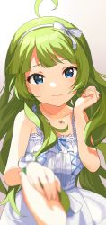 Rule 34 | 1girl, ahoge, bare shoulders, blue eyes, blurry, blurry foreground, blush, bow, butterfly necklace, closed mouth, depth of field, dress, green hair, hairband, hand up, head tilt, highres, idolmaster, idolmaster million live!, idolmaster million live! theater days, inuyama nanami, jewelry, long hair, looking at viewer, necklace, pov, pov hands, shimabara elena, simple background, smile, solo, very long hair, white background, white bow, white dress, white hairband, wrist flower, wristband