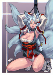 Rule 34 | 1girl, animal ears, armpits, bad id, bad pixiv id, bare legs, bdsm, bell, bondage, bound, bound wrists, breasts, choker, cleavage, detached sleeves, eyeliner, eyeshadow, fox ears, fox tail, hair bell, hair ornament, highres, inari, jjune, kitsune, large breasts, lips, long hair, low-tied long hair, makeup, making-of available, multiple tails, original, parted lips, pole, restrained, rope, shimenawa, shiny skin, skull, squatting, tabi, tail, thighs, white hair, yellow eyes