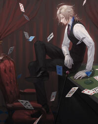 Rule 34 | 1boy, ahoge, black pants, brown hair, card, chair, cocktail glass, collared shirt, cup, drinking glass, egggg233333, facing to the side, gloves, henri lambert, highres, long sleeves, looking at viewer, male focus, pants, piofiore no bansho, purple eyes, shirt, sitting, solo, white gloves, white shirt