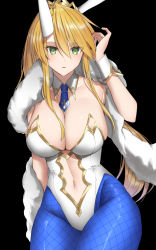 Rule 34 | 1girl, ahoge, animal ears, artoria pendragon (all), artoria pendragon (fate), artoria pendragon (swimsuit ruler) (fate), bare shoulders, black background, blonde hair, blue neckwear, blue pantyhose, braid, breasts, cleavage, clothing cutout, detached collar, fake animal ears, fate/grand order, fate (series), faton, feather boa, fishnet pantyhose, fishnets, french braid, green eyes, hair between eyes, highleg, highleg leotard, highres, large breasts, leotard, long hair, looking at viewer, navel, navel cutout, pantyhose, playboy bunny, ponytail, rabbit ears, sidelocks, solo, tiara, white leotard, wrist cuffs