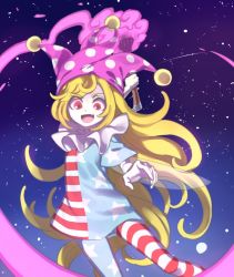 Rule 34 | 1girl, aliun, american flag dress, american flag legwear, blonde hair, clownpiece, dress, fairy wings, fang, fire, hat, holding, jester cap, long hair, looking at viewer, neck ruff, open mouth, pantyhose, polka dot, red eyes, short dress, short sleeves, sky, smile, solo, star (sky), star (symbol), star print, starry sky, striped, torch, touhou, very long hair, wings