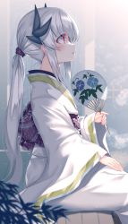 Rule 34 | 1girl, black horns, blush, commentary request, dragon horns, fate/grand order, fate (series), floral print, from side, hand fan, hand on own thigh, highres, horns, japanese clothes, kimono, kiyohime (fate), long hair, long sleeves, morizono shiki, obi, outdoors, paper fan, parted lips, ponytail, profile, red eyes, sash, silver hair, sitting, solo, uchiwa, wide sleeves