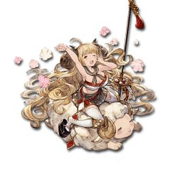 Rule 34 | 10s, 1girl, anila (granblue fantasy), bell, blonde hair, breasts, draph, full body, granblue fantasy, horns, large breasts, long hair, lowres, midriff, minaba hideo, miniskirt, naginata, official art, polearm, riding, sandals, sheep, sheep horns, skirt, smile, solo, spear, stretching, thighhighs, transparent background, weapon, yawning, zettai ryouiki, zouri