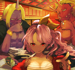 Rule 34 | 1girl, 2boys, breasts, cigarette, colored skin, commentary request, earrings, fang, fang out, gold bracelet, hair ribbon, hand on own face, highres, horns, japanese clothes, jewelry, kimono, komakusa sannyo, large breasts, large pectorals, long hair, long sleeves, looking at another, looking at viewer, maaru (akira428), multiple boys, muscular, muscular male, oni, oni horns, outstretched arm, pectorals, pointy ears, ponytail, purple hair, purple skin, reaching, reaching towards viewer, red eyes, red kimono, red skin, ribbon, ring, sarashi, scar, scar on face, shoulder tattoo, single horn, smoking, sweatdrop, tattoo, touhou, wide sleeves, yellow ribbon