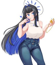 Rule 34 | 1girl, absurdres, blue eyes, blue hair, blue nails, breasts, denim, hair intakes, halo, heart, highres, holding, holding pocket watch, hololive, hololive english, jeans, large breasts, mmneko, nail polish, ouro kronii, ouro kronii (casual), pants, pocket watch, simple background, sleeveless, smile, solo, standing, virtual youtuber, watch, white background