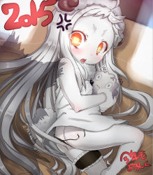 Rule 34 | 10s, 1girl, 2015, abyssal ship, ahoge, animal costume, ass, black panties, colored skin, dress, failure penguin, hat, horns, kantai collection, long hair, looking at viewer, lying, miss cloud, mittens, northern ocean princess, open mouth, orange eyes, panties, santa hat, shadow, sheep costume, shigeryun, side-tie panties, silhouette, solo, torn clothes, torn panties, translation request, underwear, untied, white dress, white hair, white skin