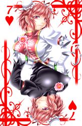 Rule 34 | 1girl, bandaged arm, bandages, breasts, card, card (medium), chinese clothes, double bun, dual persona, flower, hair bun, hand on own hip, heart, highres, ibaraki kasen, juliet sleeves, large breasts, long sleeves, looking at viewer, pink eyes, pink hair, playing card, puffy short sleeves, puffy sleeves, rose, rotational symmetry, short hair, short sleeves, simple background, tabard, touhou, yoiti