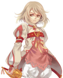 Rule 34 | 00s, 1girl, alice (tales), blonde hair, bloomers, miho (mi), no headwear, no headwear, rapier, serious, short hair, solo, sword, tales of (series), tales of symphonia, tales of symphonia: dawn of the new world, weapon, white background, white bloomers, yellow eyes