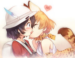 Rule 34 | 10s, 2girls, animal ears, bag, bare shoulders, black eyes, black hair, blonde hair, blush, bow, bowtie, closed eyes, elbow gloves, gloves, hat, hat feather, heart, kaban (kemono friends), kemono friends, licking, licking lips, multiple girls, red shirt, sankyaku tako, serval (kemono friends), serval print, serval tail, shirt, short hair, short sleeves, simple background, sleeveless, tail, tongue, tongue out, white background, yuri