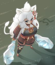Rule 34 | 1girl, ahoge, animal ear fluff, animal ears, armor, blush, breasts, brown armor, brown footwear, closed mouth, club (weapon), commentary request, dual wielding, faulds, full body, grass, grey eyes, hair ornament, highres, holding, ice, japanese armor, kemono friends, kote, large breasts, lets0020, lion ears, lion girl, lion tail, long hair, looking afar, medium bangs, numbered, orange skirt, orange socks, shin guards, shirt, shoes, skirt, smile, socks, solo, tail, tassel, tassel hair ornament, very long hair, weapon, white hair, white lion (kemono friends), white shirt