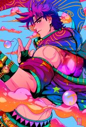 Rule 34 | 1boy, absurdres, bare shoulders, battle tendency, blue hair, bola (weapon), colorful, gradient hair, highres, jojo no kimyou na bouken, joseph joestar, joseph joestar (young), looking at viewer, male focus, midriff, multicolored hair, official alternate costume, open mouth, pink hair, purple hair, scarf, solo, tariah furlow, watch