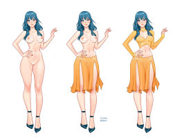 Rule 34 | 1girl, artist name, black footwear, blue eyes, blue hair, blush, breasts, byleth (female) (fire emblem), byleth (fire emblem), cleavage cutout, cleft of venus, clothing cutout, commission, fire emblem, fire emblem: three houses, hand on own hip, hand up, highres, large breasts, long hair, long sleeves, multiple views, nintendo, nude, olena minko, parted lips, pussy, shirt, side slit, simple background, skirt, sleeves past wrists, smile, white background, yellow shirt, yellow skirt