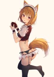 Rule 34 | 1girl, alternate costume, animal ear fluff, animal ears, ass, black bra, black panties, black thighhighs, blonde hair, bowl, bra, breasts, brown shirt, butt crack, cookie (touhou), covered erect nipples, crop top, fox ears, fox girl, fox tail, frilled panties, frilled shirt, frills, from side, garter belt, highres, holding, leg up, looking at viewer, looking to the side, maid, maid headdress, miramikaru riran, no pants, no shoes, panties, panties over garter belt, parted lips, red eyes, shirt, short hair, skindentation, small breasts, solo, sy4, tail, thighhighs, underwear, white background
