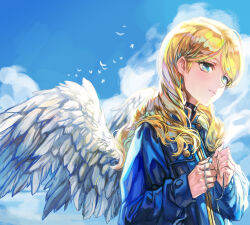 Rule 34 | 1girl, bird, blue eyes, blue jacket, cloud, expressionless, flat chest, flying, greatwhite1122, gundam, gundam narrative, hair behind ear, head tilt, highres, holding, holding jewelry, holding necklace, jacket, jewelry, long hair, looking ahead, necklace, rita bernal, sky, solo, wings