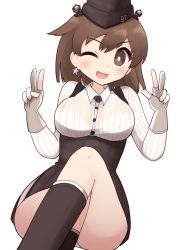 Rule 34 | 1girl, ;d, atlanta (kancolle) (cosplay), atlanta (kancolle), black skirt, breasts, brown eyes, brown hair, cosplay, double v, earrings, garrison cap, gloves, hat, high-waist skirt, highres, hiryuu (kancolle), jewelry, kantai collection, large breasts, crossed legs, long sleeves, looking at viewer, one eye closed, open mouth, panties, pantyshot, partially fingerless gloves, shirt, short hair, simoyuki, simple background, sitting, skirt, smile, solo, star (symbol), star earrings, underwear, v, white background, white gloves, white shirt