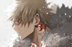 1boy bakugou_katsuki boku_no_hero_academia cape ear_piercing fur-trimmed_cape fur_trim jewelry looking_ahead male_focus mkm_(mkm_storage) necklace official_alternate_costume piercing portrait red_eyes short_hair solo spiked_hair white_background