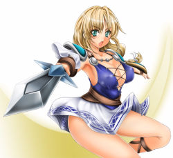 Rule 34 | 1041 (toshikazu), 1girl, blonde hair, breasts, cleavage, gladiator sandals, green eyes, long hair, looking at viewer, open mouth, sandals, skirt, solo, sophitia alexandra, soul calibur, soulcalibur ii, sword, weapon