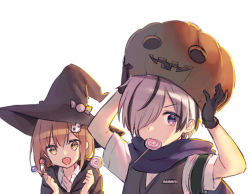 Rule 34 | 2girls, arms up, black gloves, black jacket, brown hat, candy, collared shirt, commentary request, food, food in mouth, gloves, hair between eyes, hair over one eye, hat, holding, holding candy, holding food, holding lollipop, jack-o&#039;-lantern, jacket, lollipop, midorikawa you, mouth hold, multiple girls, original, pumpkin hat, purple eyes, purple hair, shirt, short sleeves, simple background, sweater vest, swirl lollipop, upper body, v-shaped eyebrows, white background, white shirt, witch hat