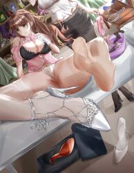 Rule 34 | 1girl, absurdres, barefoot, blush, bra, brown hair, feet, green eyes, highres, long hair, looking at viewer, open clothes, open shirt, panties, parted lips, see-through, see-through legwear, shoes, unworn shoes, soles, thighhighs, toes, underwear
