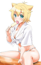 Rule 34 | 10s, 1girl, animal ears, blonde hair, blush, breasts, cleavage, food, fundoshi, gj-bu, green eyes, japanese clothes, kirara bernstein, large breasts, looking at viewer, mizu happi, open mouth, phallic symbol, popsicle, sexually suggestive, short hair, simple background, solo, tongue, tongue out, white background, youkan
