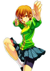 Rule 34 | 1girl, atlus, bike shorts, brown eyes, brown hair, buttons, fighting stance, jacket, kung fu, martial arts, momikin, persona, persona 4, pleated skirt, satonaka chie, short hair, skirt, smiley face, socks, solo, track jacket, tsunemi aosa, zipper