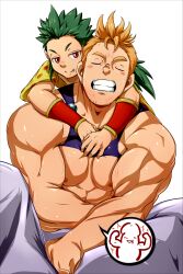 Rule 34 | 2boys, abs, age difference, armband, blonde hair, blue eyes, blush, breasts, bulge, capelet, carrying, child carry, clenched teeth, dororich, erection, erection under clothes, facial hair, fang, final fantasy, final fantasy vi, gau, green hair, hand on breast, looking at another, multiple boys, muscular, muscular male, nipples, pectorals, piggyback, ponytail, pulling another&#039;s clothes, red eyes, sabin rene figaro, sitting, size difference, smile, smug smile, sweat, sweatdrop, tank top, teardrop, teeth