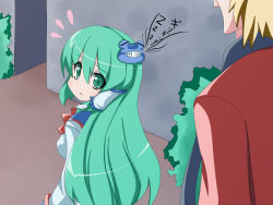 Rule 34 | 1boy, 1girl, ^^^, blonde hair, blue eyes, blush, bow, bowtie, frog hair ornament, green hair, hair ornament, hair tubes, height difference, highres, kochiya sanae, long sleeves, looking at viewer, looking back, oborotsuki kakeru, red bow, red bowtie, solo focus, touhou