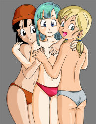 Rule 34 | 1990s (style), 3girls, ass, bandana, black eyes, black hair, blonde hair, blue eyes, blue hair, blush, bra (dragon ball), breasts, christina maria lacey, christina marie lacey, closed mouth, collarbone, dragon ball, dragon ball gt, dragonball z, earrings, facing another, facing viewer, green hair, hair tie, hands up, happy, hug, jewelry, long hair, looking at another, looking at viewer, looking back, marron (dragon ball), matching hair/eyes, medium hair, multiple girls, navel, open mouth, orange bandana, orange panties, pan (dragon ball), panties, red panties, retro artstyle, short twintails, simple background, small breasts, smile, standing, stud earrings, tongue, topless, twintails, underwear, underwear only