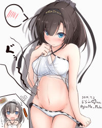 Rule 34 | 1girl, 2019, akizuki (kancolle), bikini, black hair, black hairband, bloated, blue eyes, blush, breasts, closed mouth, collarbone, dated, embarrassed, food, giraffe (ilconte), gluteal fold, hairband, halterneck, halterneck, highres, kantai collection, lifting own clothes, looking at viewer, medium breasts, navel, open mouth, ponytail, simple background, solo, stomach, swimsuit, thigh gap, translation request, twitter username, upper body, white background, white bikini
