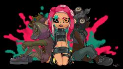 Rule 34 | 3girls, agent 8 (splatoon), arm on knee, artist name, asymmetrical sleeves, bandana, black bow, black footwear, black hair, black jacket, black skirt, blouse, boonie hat, bow, capri pants, closed mouth, commentary, cosplay, cropped torso, crown, dark-skinned female, dark skin, dress, fangs, from side, frown, goggles, goggles on head, gradient hair, green hair, green pants, groin, hanako515 ika, highres, inkling, jacket, jewelry, kneeling, long sleeves, looking at viewer, marina (splatoon), medallion, miniskirt, multicolored hair, multiple girls, navel, necklace, nintendo, octoling, octoling girl, octoling player character, one eye closed, open mouth, orange eyes, paint splatter, paint splatter on face, pants, pearl (splatoon), pencil skirt, pink dress, pink footwear, pink hair, pointy ears, red hair, shirt, shoes, short dress, signature, sitting, skirt, sleeveless, sleeveless shirt, smile, sneakers, splatoon (series), splatoon 2, splatoon 2: octo expansion, squidbeak splatoon, suction cups, sweater, sweater dress, takozonesu, takozonesu (cosplay), tentacle hair, thigh strap, uneven sleeves, v arms, white hair, white shirt, zipper