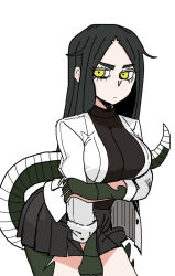 Rule 34 | 1girl, absurdres, black hair, breasts, helltaker, highres, large breasts, lizard tail, long hair, looking at viewer, monster girl, reptile girl, scales, scp-682, scp foundation, simple background, skirt, solo, tail, white background, yellow eyes