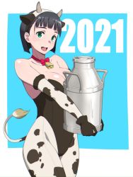 Rule 34 | 1girl, animal ears, animal print, bell, black hair, blue background, breasts, chinese zodiac, collar, cow ears, cow horns, cow print, cow tail, horns, kirigaya suguha, large breasts, leotard, milk, neck bell, nontraditional playboy bunny, pantyhose, playboy bunny, puge, solo, sword art online, tail, teeth, upper teeth only, white background, year of the ox