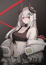 Rule 34 | 1girl, absurdres, arknights, black background, black collar, black sports bra, bodysuit, breasts, collar, demon horns, ear piercing, elite ii (arknights), grey hair, hair ornament, highres, horns, infection monitor (arknights), long hair, looking at viewer, material growth, medium breasts, midriff, mudrock (arknights), mudrock (elite ii) (arknights), navel, open bodysuit, open clothes, oripathy lesion (arknights), piercing, pointy ears, red eyes, shiratakiseaice, simple background, solo, sports bra, upper body, white bodysuit