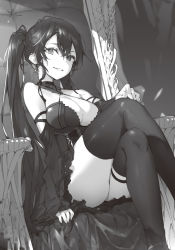 Rule 34 | 1girl, ass, breasts, copyright request, corset, criss-cross halter, detached sleeves, earrings, greyscale, grin, hair ornament, hairclip, halterneck, hand on own knee, highres, jewelry, large breasts, crossed legs, long hair, monochrome, novel illustration, official art, sitting, smile, solo, thighhighs, thighs, twintails, very long hair, yatsuha (hachiyoh)