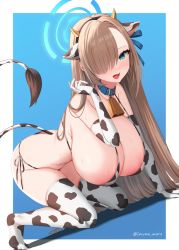 Rule 34 | 1girl, all fours, animal ears, animal print, ass, asuna (blue archive), bare shoulders, bikini, blue archive, blue background, blue eyes, blush, breasts, brown hair, butt crack, cow ears, cow horns, cow print, cow tail, elbow gloves, fake horns, gloves, hair over one eye, hairband, halo, horns, large breasts, long hair, looking at viewer, marota, micro bikini, one eye covered, open mouth, sideboob, smile, solo, swimsuit, tail, thighs