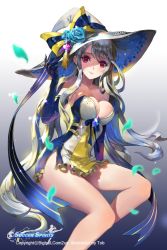 Rule 34 | 1girl, bare shoulders, bonnet, breasts, cleavage, collarbone, copyright name, dress, elbow gloves, flower, gloves, hand on headwear, hat, hat flower, large breasts, legs, long hair, official art, red eyes, ribbon, rose, silver hair, sitting, smile, soccer spirits, solo, tob, valkia (soccer spirits), very long hair
