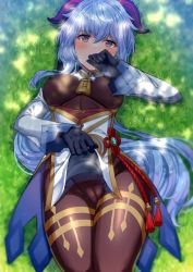 Rule 34 | bell, black gloves, black legwear, blue hair, blush, bodystocking, bodysuit, breasts, breasts apart, cameltoe, chinese knot, clothes lift, covering own mouth, flower knot, ganyu (genshin impact), genshin impact, gloves, gold trim, grass, horns, leotard, leotard under clothes, lifted by self, long hair, looking at viewer, lying, medium breasts, multicolored eyes, neck bell, nectar (fujiya), on back, solo, tassel, tears, thighlet, very long hair, vision (genshin impact), white sleeves