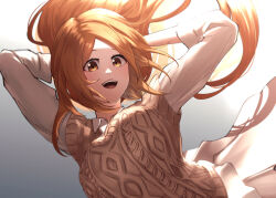Rule 34 | 1girl, bleach, highres, inoue orihime, long hair, looking at viewer, open mouth, orange hair, skirt, smile, solo