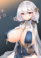 Rule 34 | 1girl, absurdres, azur lane, braid, breast curtains, breast hold, breasts, covered erect nipples, dress, flower, garter straps, hair between eyes, hair flower, hair ornament, highres, huge breasts, looking at viewer, neckwear between breasts, open mouth, red eyes, revealing clothes, short hair, side braid, sirius (azur lane), sirius (azure horizons) (azur lane), sleeveless, sleeveless dress, solo, veins, veiny breasts, white hair, yonkuron