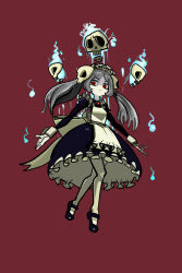 Rule 34 | 1girl, apron, bloody marie (skullgirls), brooch, dress, exposed bone, fire, floating, frilled apron, frilled dress, frills, grey hair, hair ornament, highres, jewelry, looking down, maid, maid headdress, pantyhose, red background, red eyes, ribs, skull, skull hair ornament, skullgirls, solo, twintails