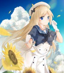 Rule 34 | 1girl, absurdres, black neckerchief, blonde hair, blue eyes, blue sailor collar, blue sky, blurry, blush, bow, breasts, buttons, cloud, day, depth of field, dress, flower, gloves, hat, hat bow, highres, jervis (kancolle), kantai collection, long hair, looking at viewer, mary janes, medium breasts, neckerchief, outdoors, petals, sailor collar, sailor dress, sailor hat, shoes, short sleeves, sky, smile, solo, standing, sugihiro, sunflower, white dress, white gloves, white hat