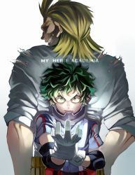Rule 34 | 10s, 2boys, absurdres, age difference, all might, artist request, back-to-back, belt, blonde hair, bodysuit, boku no hero academia, closed mouth, copyright name, determined, elbow pads, english text, facing viewer, freckles, frown, gloves, glowing, green eyes, green hair, grin, happy, height difference, highres, holding another&#039;s wrist, looking at viewer, looking back, male focus, matching hair/eyes, messy hair, midoriya izuku, multiple boys, serious, shaded face, shirt, short hair, size difference, sleeves rolled up, smile, standing, teacher and student, teeth, torn clothes, torn shirt, upper body, veins, watagashi0710, white gloves, yagi toshinori
